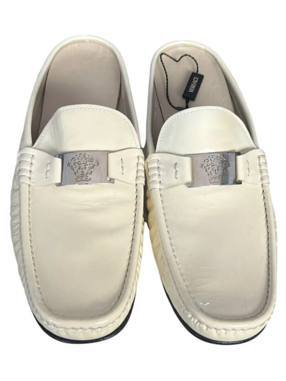 Versace Italian Patent Leather Cream Mules iconic metal Medusa head logo accent